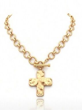 Gold Hammered Cross Toggle Necklace - Women Jewelry